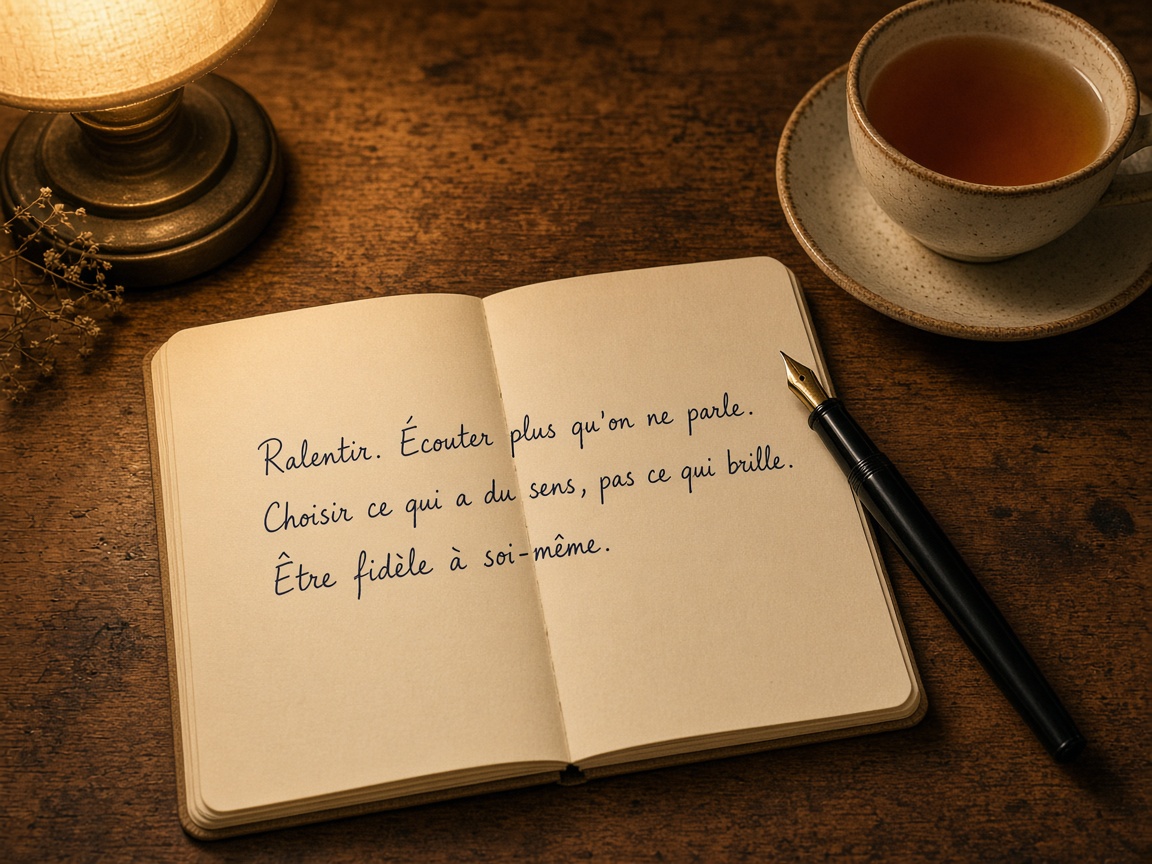 Trois lignes, thé, stylo.